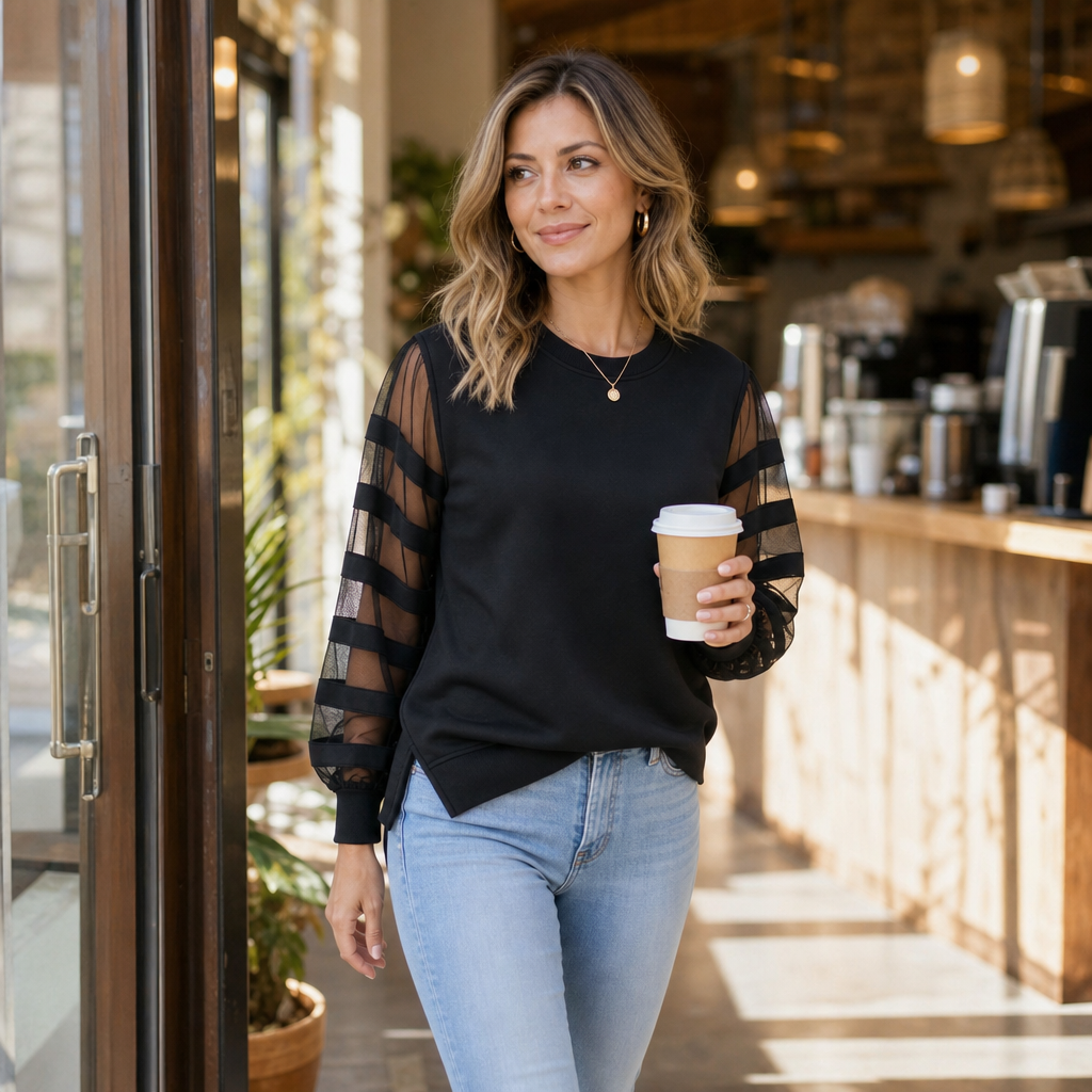 Mesh Muse – Sweter z bufiastymi rękawami z siateczki