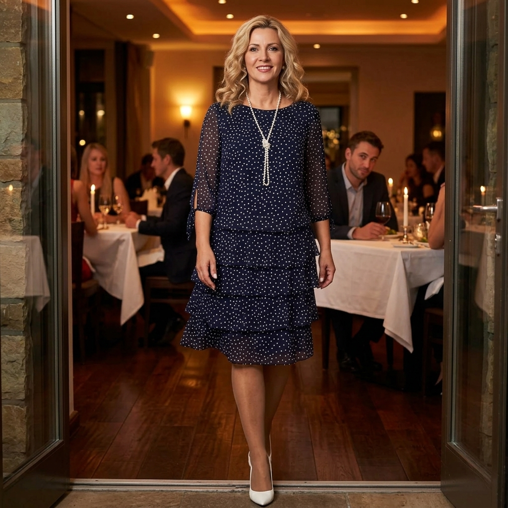 Florenne - Sukienka w Kropki z Warstw Chiffon
