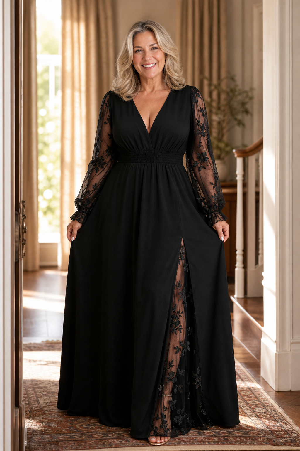 Wearbella – Sukienka maxi z koronkowymi rękawami w kształcie litery A