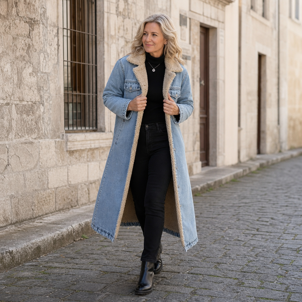 Denora – Długi płaszcz dżinsowy z podszewką z teddy