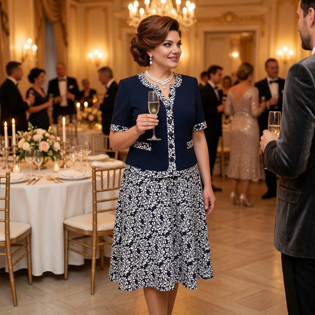 Maelyn – Elegancka granatowa sukienka w kwiaty z wbudowaną kurtką dla kobiet