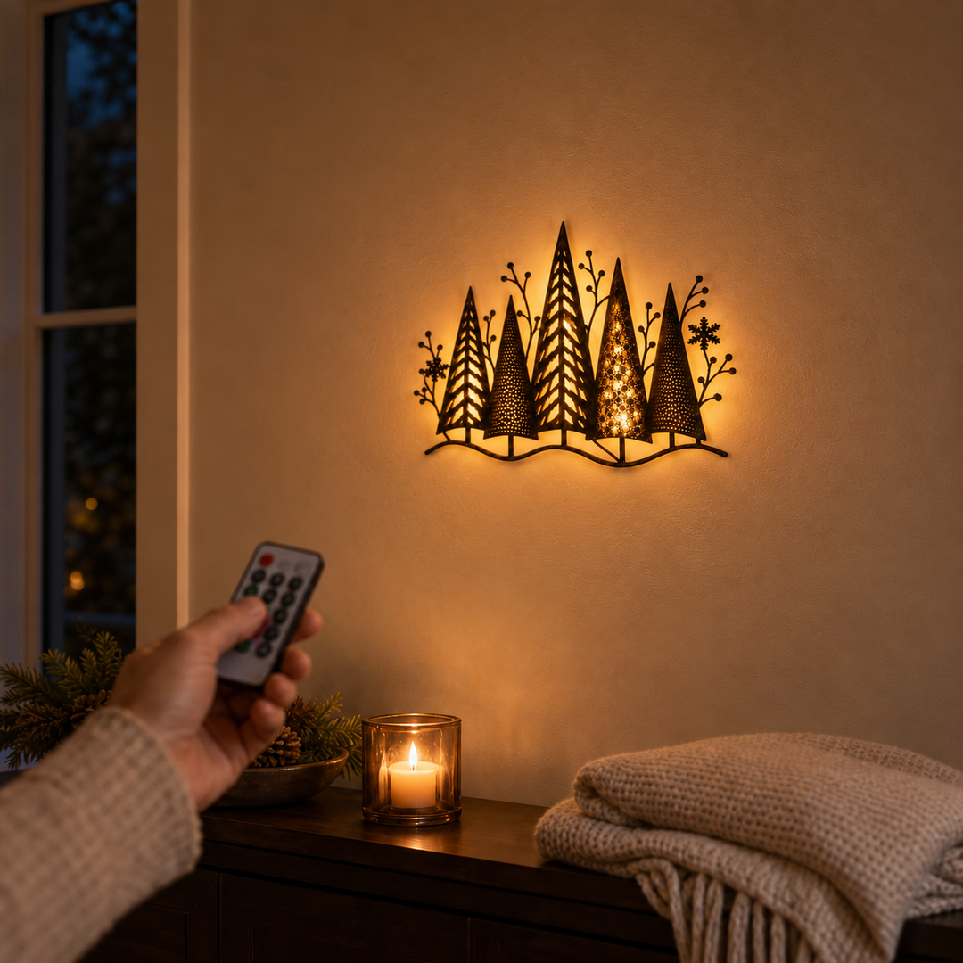 Everglow Forest – Warstwowa Metalowa Dekoracja Ścienna LED na Boże Narodzenie