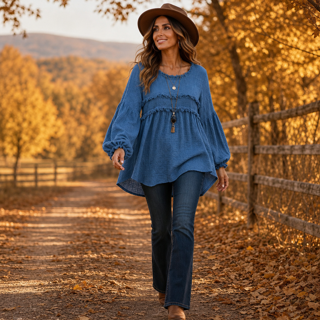 Wovella – Bluzka Boho z Falbanką i Plisowanymi Rękawami