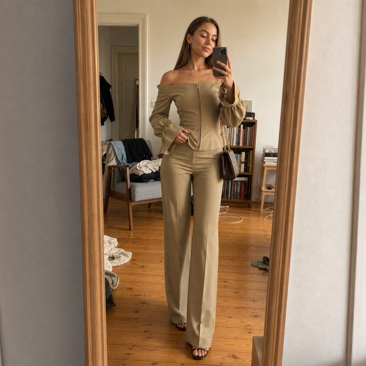 Wearbella – Bluzka z Odkrytymi Ramionami i Spodnie z Szerokimi Nogawkami