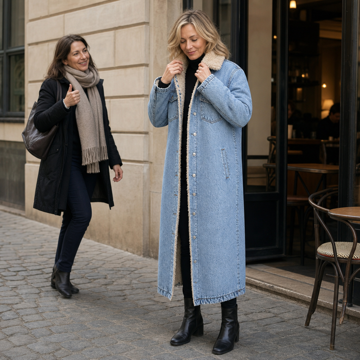 Denora – Długi płaszcz dżinsowy z podszewką z teddy
