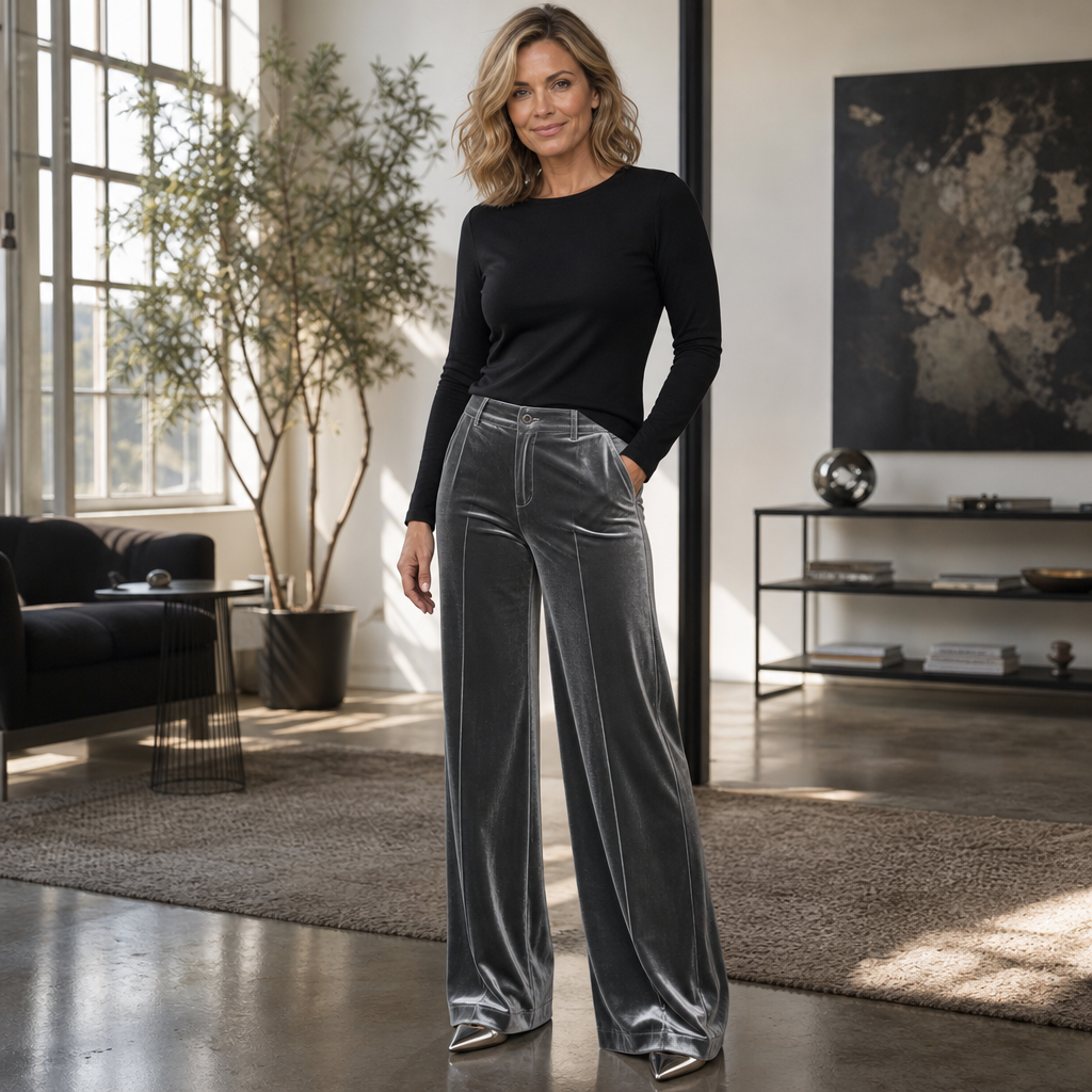 Wearbella – Welurowe Spodnie z Wysokim Stanem i Szerokimi Nogawkami