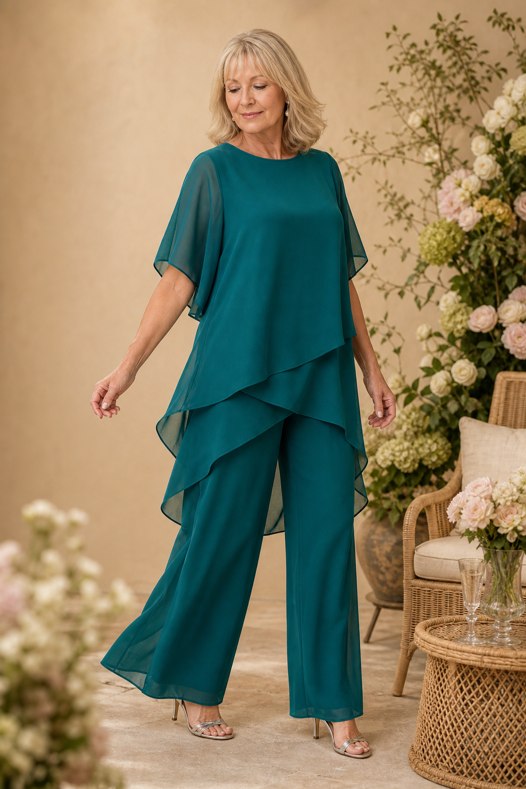 Wearbella – Zestaw drapowanej asymetrycznej bluzki i spodni z szerokimi nogawkami
