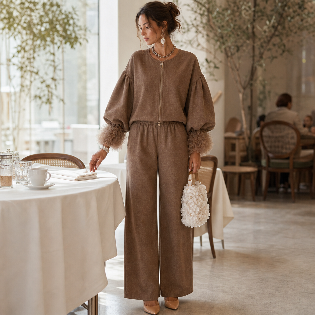 Wearlyn – Zestaw topu z balonowymi rękawami i spodniami z tiulowymi mankietami