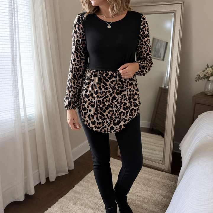 Wearleta – Bluzka z falbanami w stylu peplum z kontrastowymi rękawami w leopardzie
