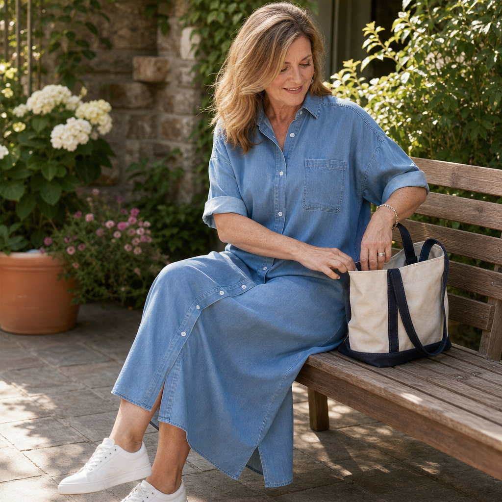 Wearbella – Luźna Sukienka Koszulowa z Jeansu z Guzikami