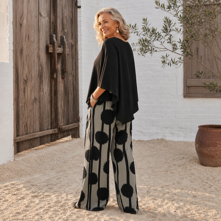 Lunetta – Asymetryczny Poncho Top i Szerokie Spodnie