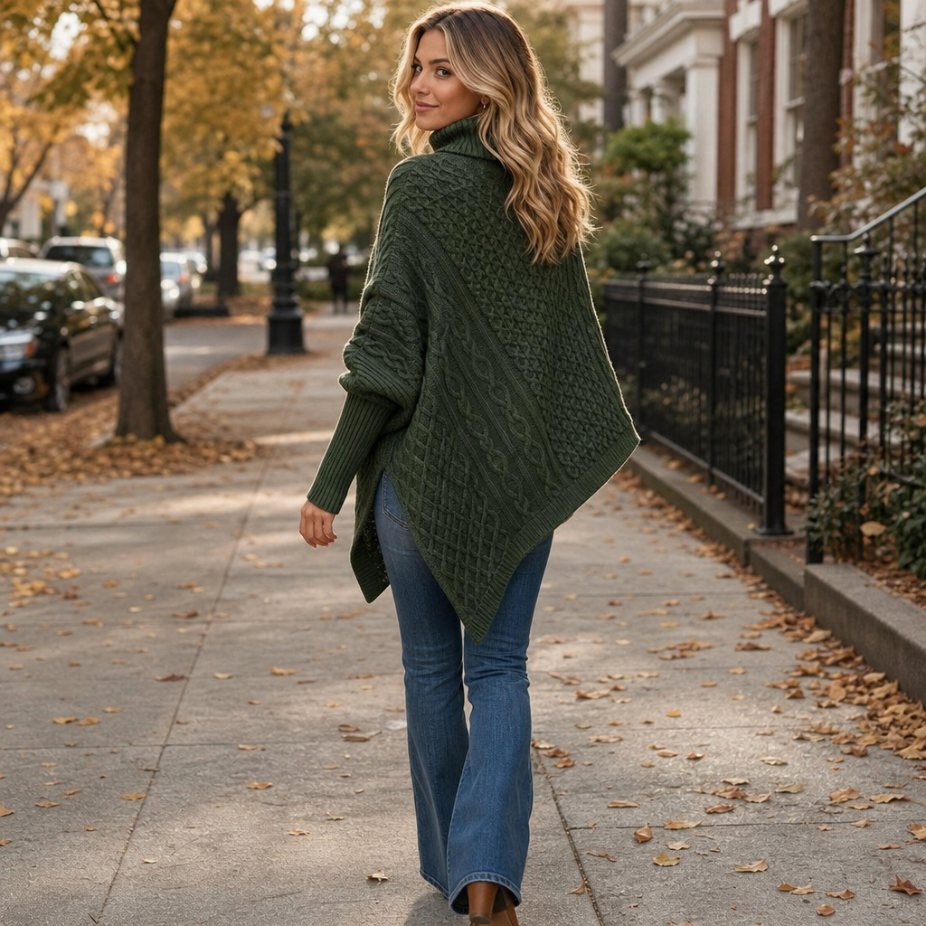 Cable &amp; Cove – Sweter Poncho z Golfem w Warkocze