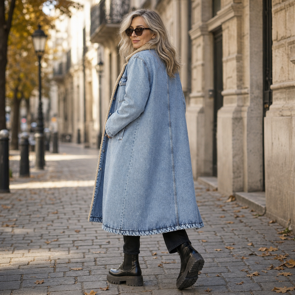 Denora – Długi płaszcz dżinsowy z podszewką z teddy