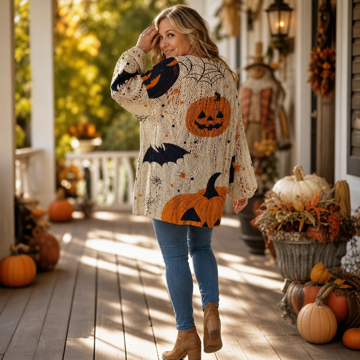 Harvestknit – Sweter z intarsjami w dynie i nietoperze