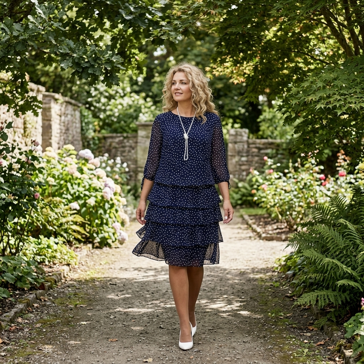 Florenne - Sukienka w Kropki z Warstw Chiffon