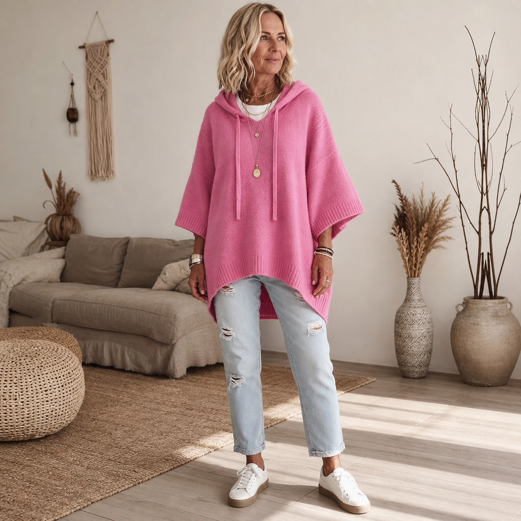 Cozelle – Luźny, Przerwanowy, Otwarty Sweter z Kapturem