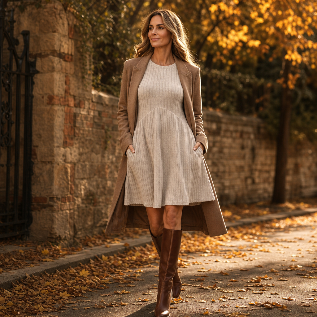 Vivelyn – Sukienka midi A-line z wysokim stanem i prążkowanej dzianiny