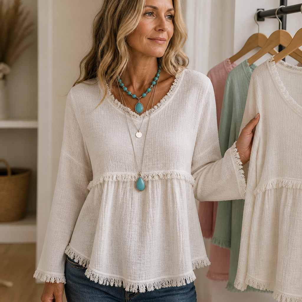 Wearbella – Bluzka z frędzlami, dekolt w serek, długi rękaw