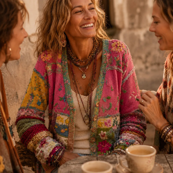 Solenne – Kwiatowy Kardigan Boho w Stylu Patchwork
