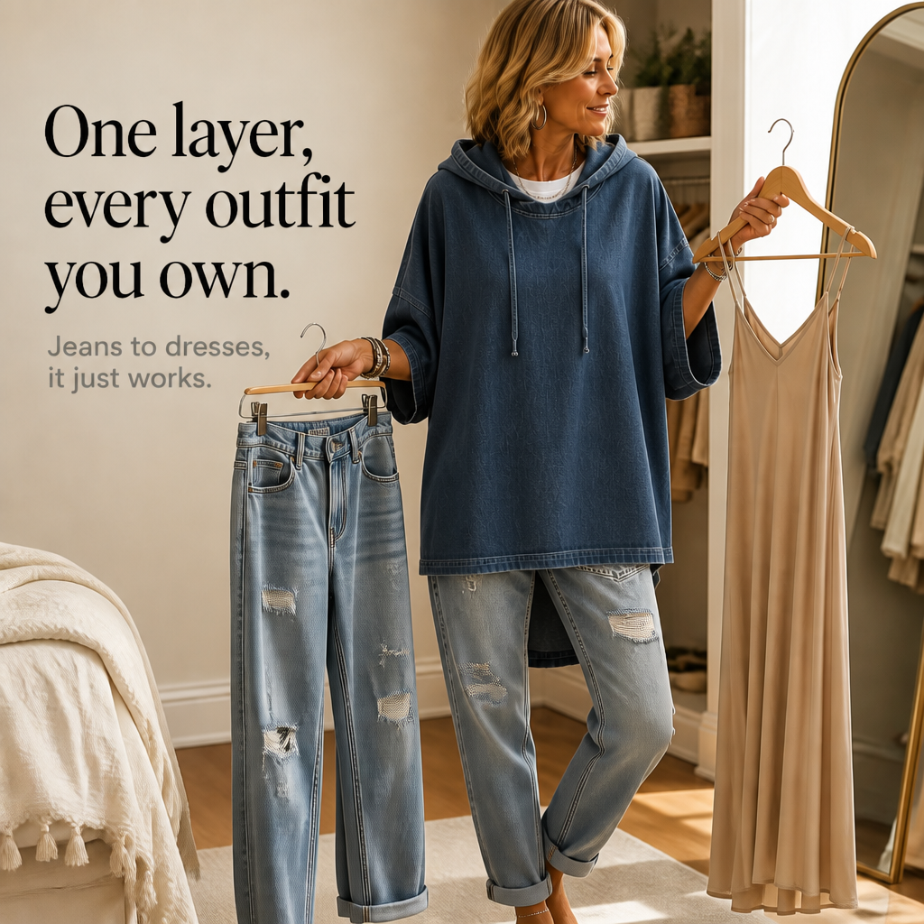 Wearlow – Oversized Ponczo z Prania w Stylu Dżinsowym