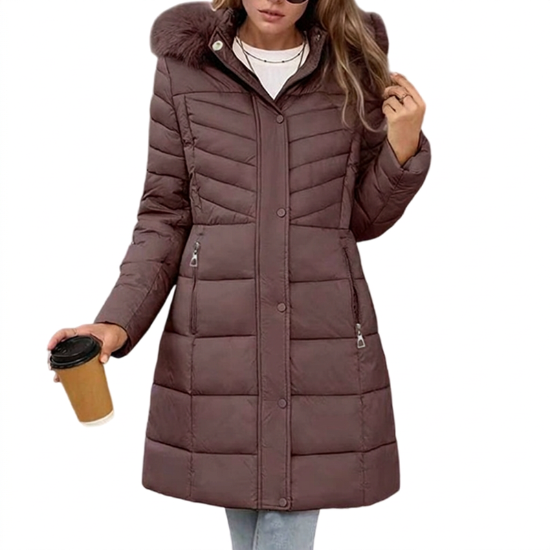 Chevronwarm – Długi Puchowy Płaszcz z Futrzanym Kapturem