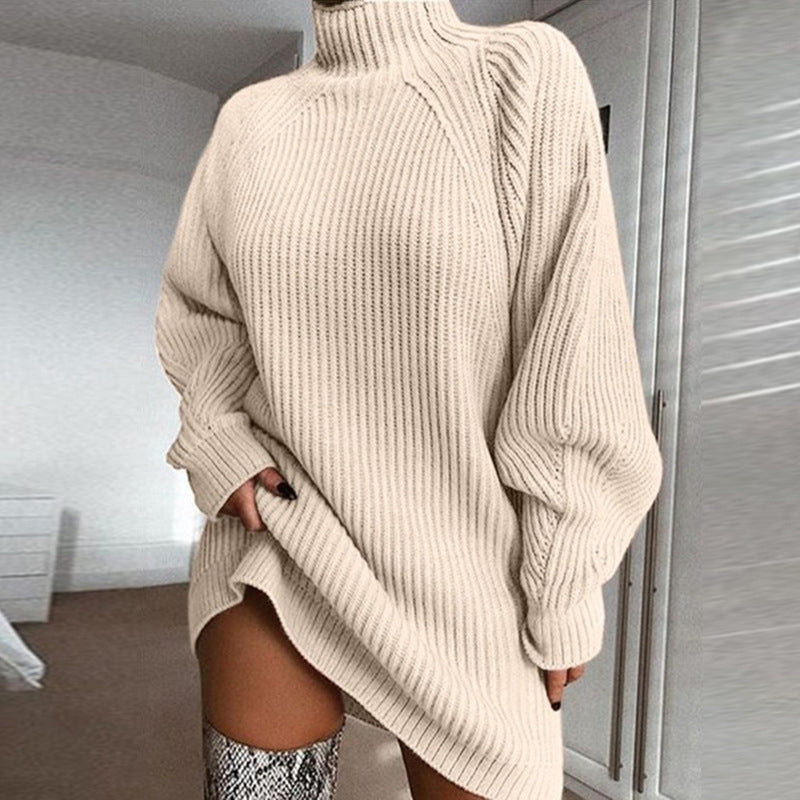 Cozyelle – Sweter Sukienka z Rękawami Raglan i Wysokim Kołnierzem
