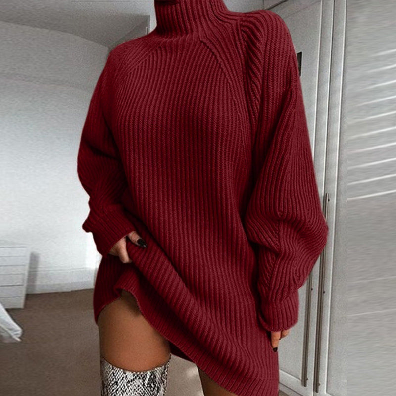 Cozyelle – Sweter Sukienka z Rękawami Raglan i Wysokim Kołnierzem