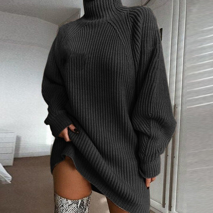 Cozyelle – Sweter Sukienka z Rękawami Raglan i Wysokim Kołnierzem