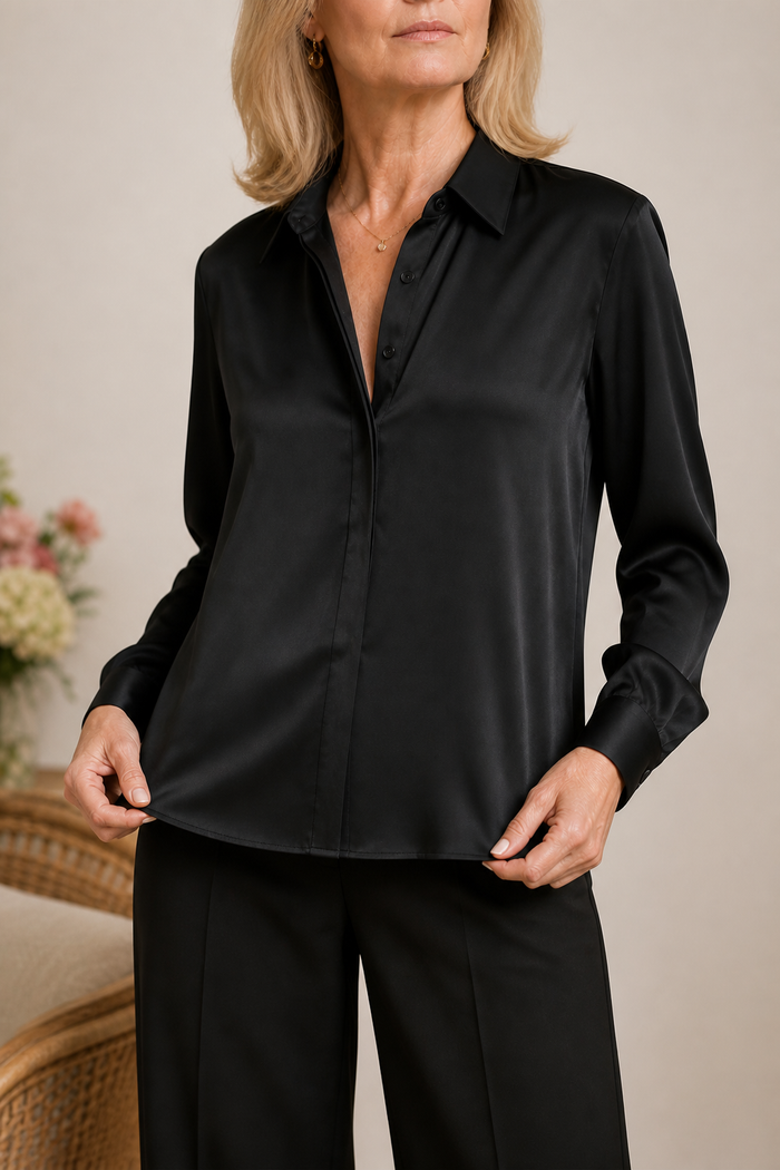 Placket & Poise – Bluzka z ukrytym zapięciem, satynowa, z długim rękawem