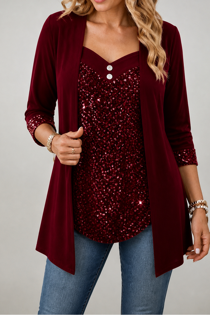 Veluxe Duo – Wieczorowy top z cekinowym przodem w stylu mock-layer