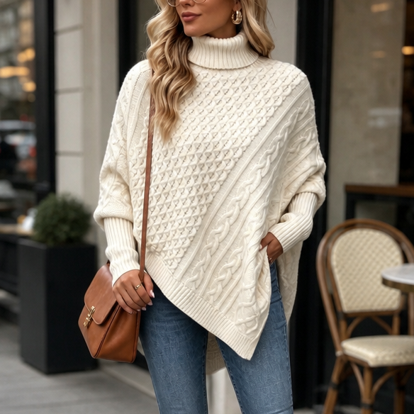 Cabelune – Sweter Poncho z Warkoczem w Stylu Asymetrycznym