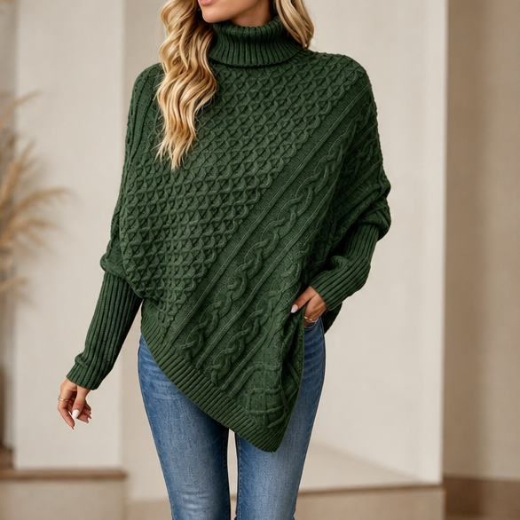 Cable &amp; Cove – Sweter Poncho z Golfem w Warkocze