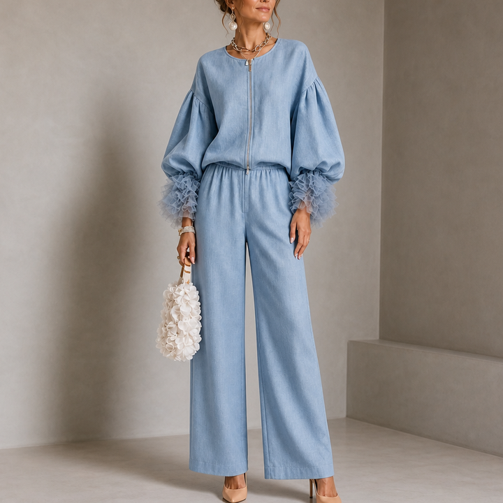 Wearlyn – Zestaw topu z balonowymi rękawami i spodniami z tiulowymi mankietami