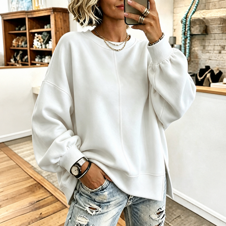 Verdant Ease – Bluza z Opuszczonymi Ramionami i Rozcięciami po Bokach