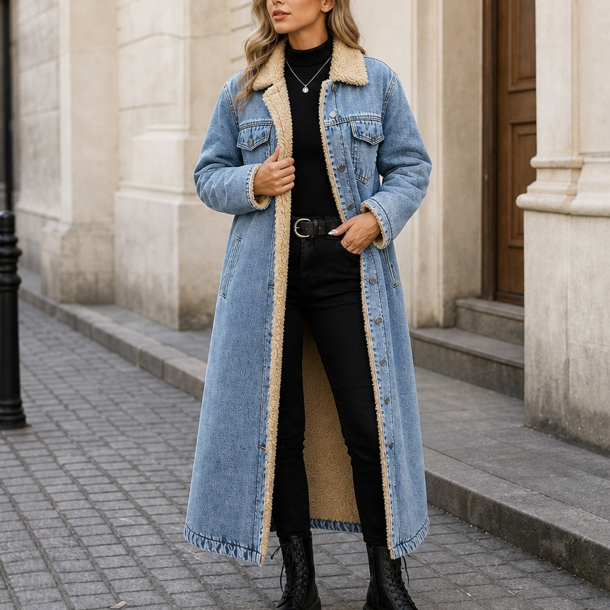 Denora – Długi płaszcz dżinsowy z podszewką z teddy