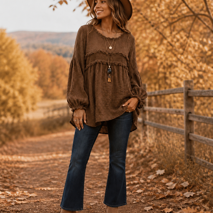 Wovella – Bluzka Boho z Falbanką i Plisowanymi Rękawami