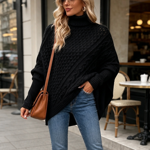 Cabelune – Sweter Poncho z Warkoczem w Stylu Asymetrycznym