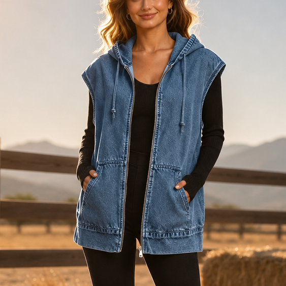 Wearbella – Oversized Kamizelka z Kapturem w Stylu Dżinsowym