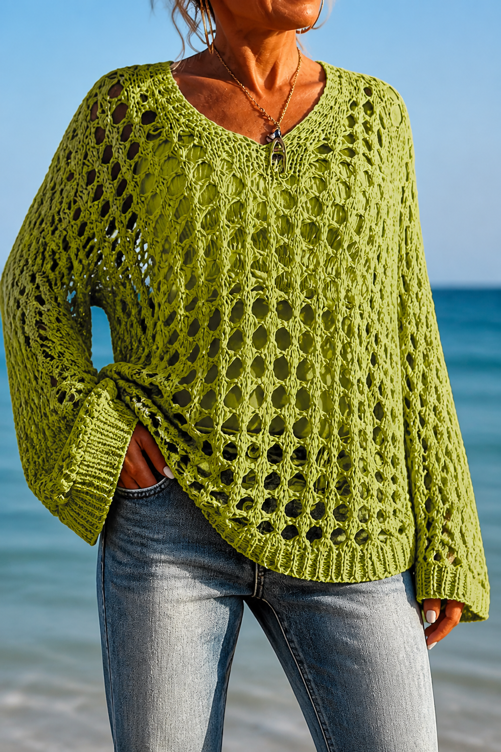 Sunlace – Sweter Oversize z Otwartych Splotów na Ramię