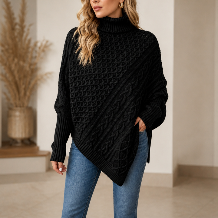 Cable &amp; Cove – Sweter Poncho z Golfem w Warkocze