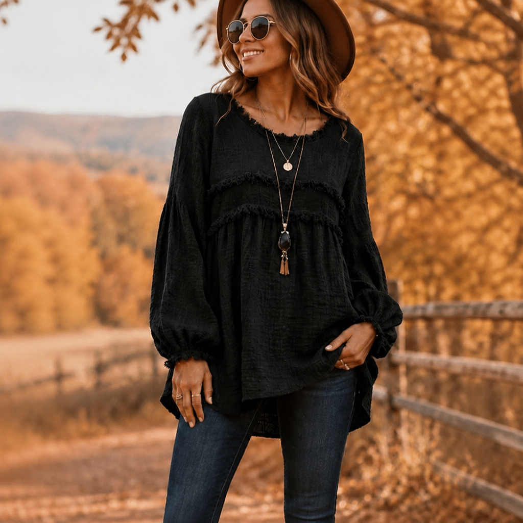 Wovella – Bluzka Boho z Falbanką i Plisowanymi Rękawami