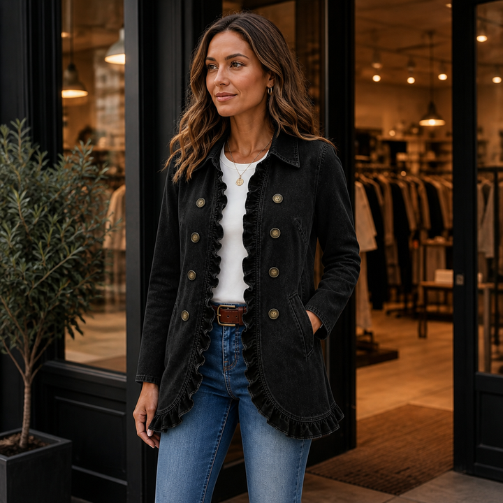 Ruffle &amp; Row – Kurtka dżinsowa z falbankami i guzikiem z przodu