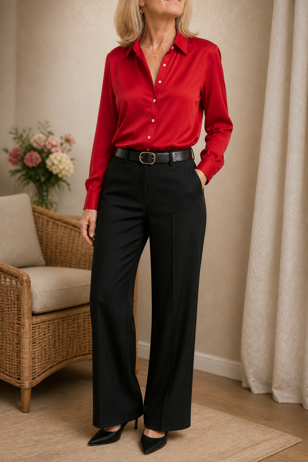 Placket &amp; Poise – Bluzka z ukrytym zapięciem, satynowa, z długim rękawem