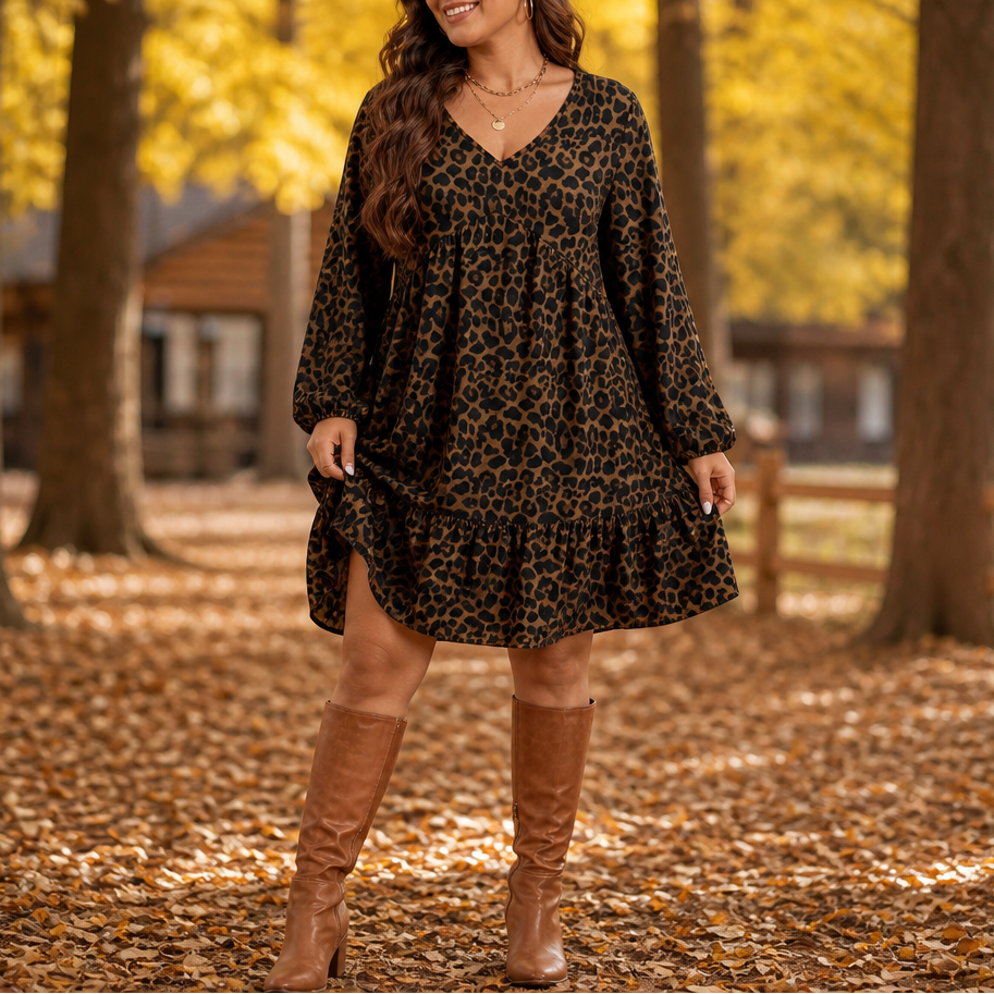 Maple Muse – Midi Sukienka w Roślinne Wzory
