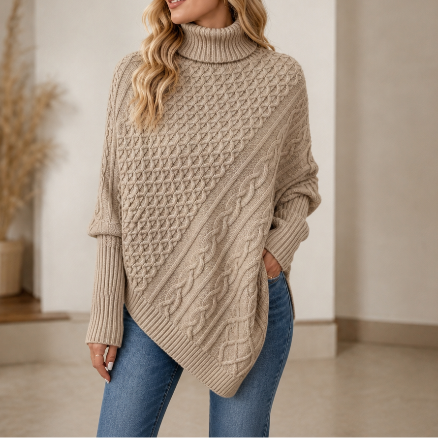 Cable &amp; Cove – Sweter Poncho z Golfem w Warkocze