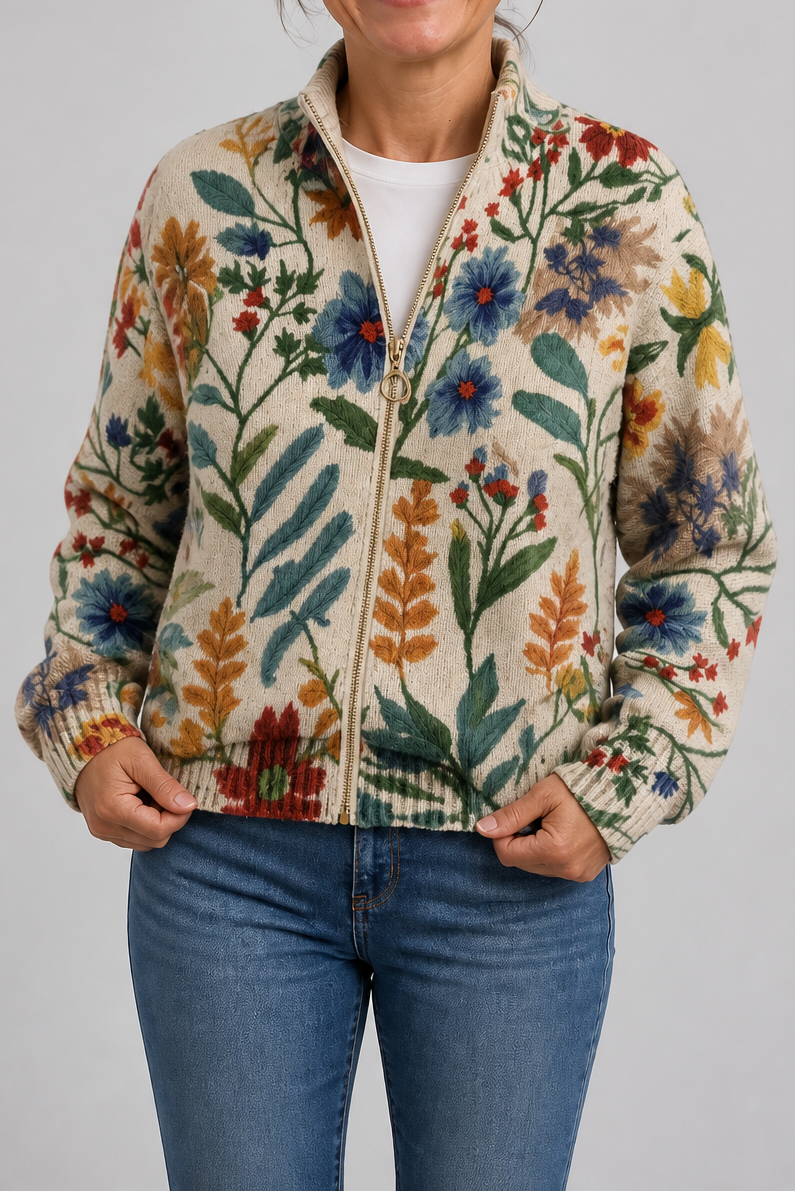Threezip – Kardigan bomber z nadrukiem botanicznym na zamek