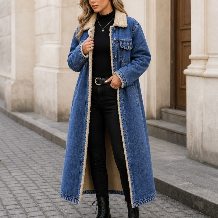 Denora – Długi płaszcz dżinsowy z podszewką z teddy