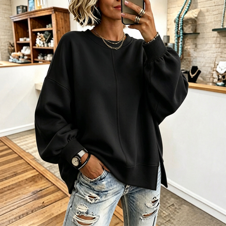 Verdant Ease – Bluza z Opuszczonymi Ramionami i Rozcięciami po Bokach